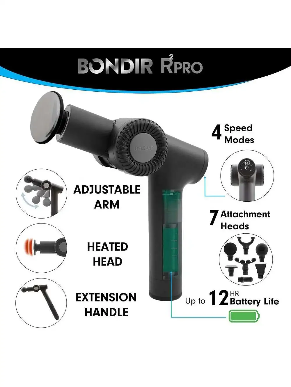 Bondir R2 PRO+ Massage Gun Heated Attachment Extension Handle 6 Heads Case